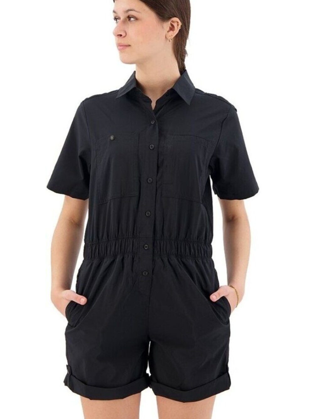 COLUMBIA Silver Ridge Utility Romper One Piece Roll Tab Shorts Blk Women's Large